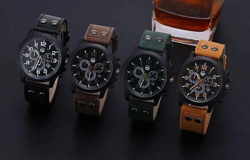 Space Black Leather Strap Military Watch