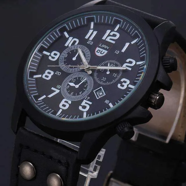 Space Black Leather Strap Military Watch