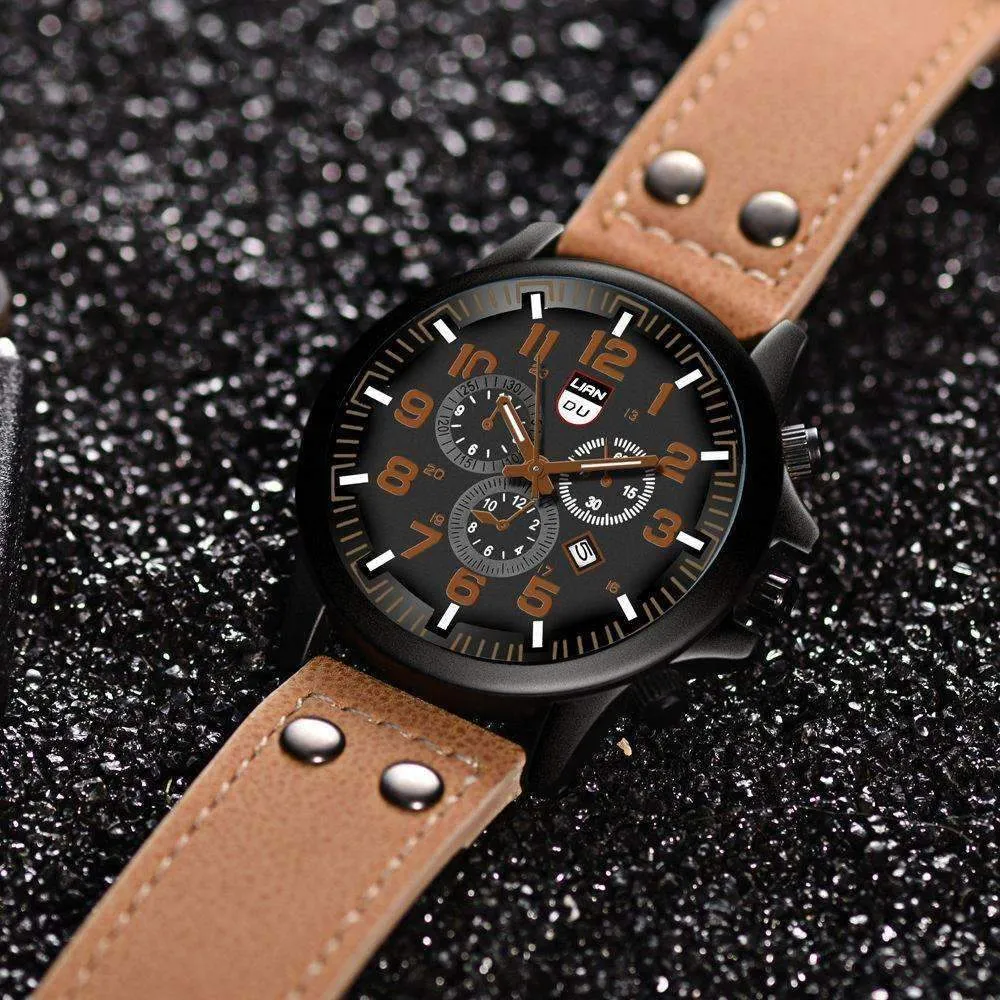 Space Black Leather Strap Military Watch