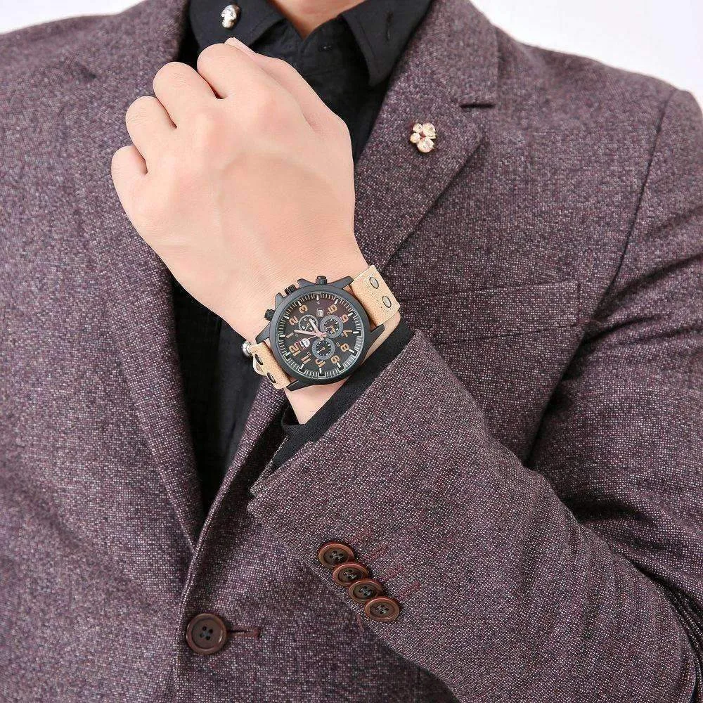 Space Black Leather Strap Military Watch