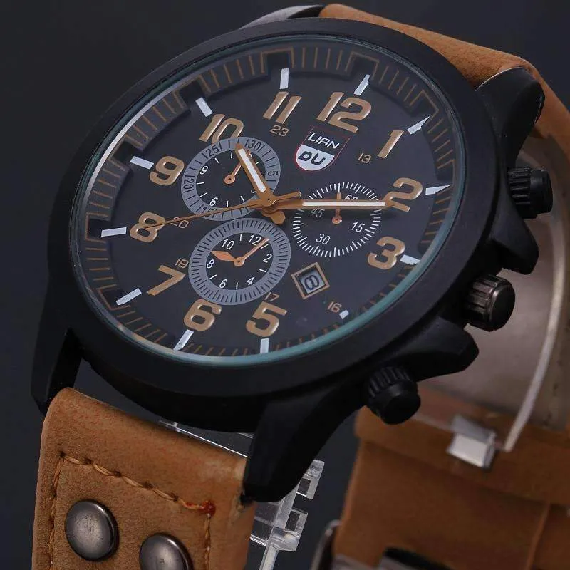Space Black Leather Strap Military Watch