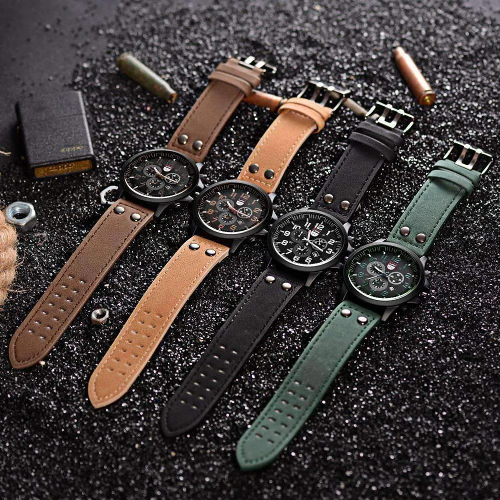 Space Black Leather Strap Military Watch