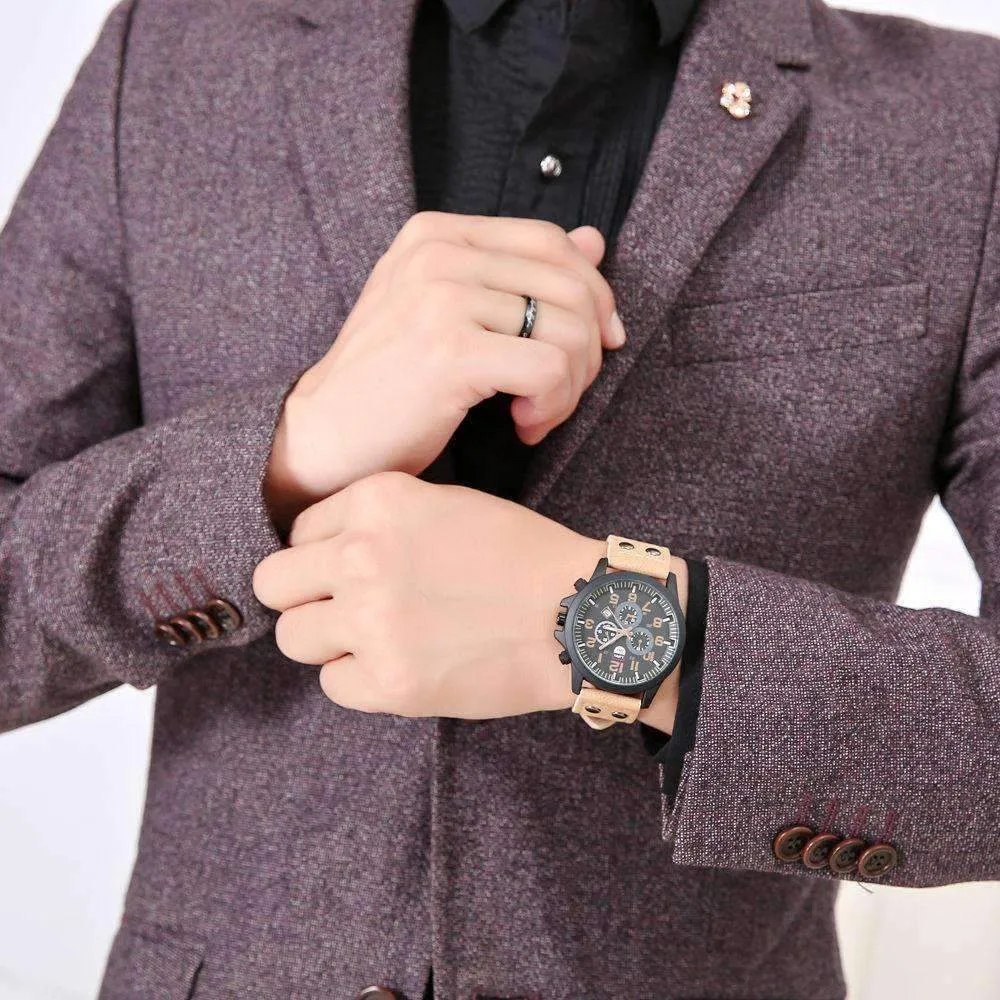 Space Black Leather Strap Military Watch