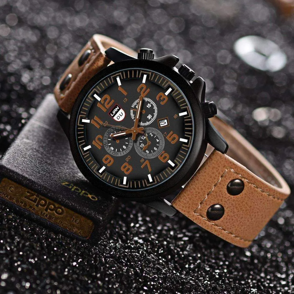 Space Black Leather Strap Military Watch