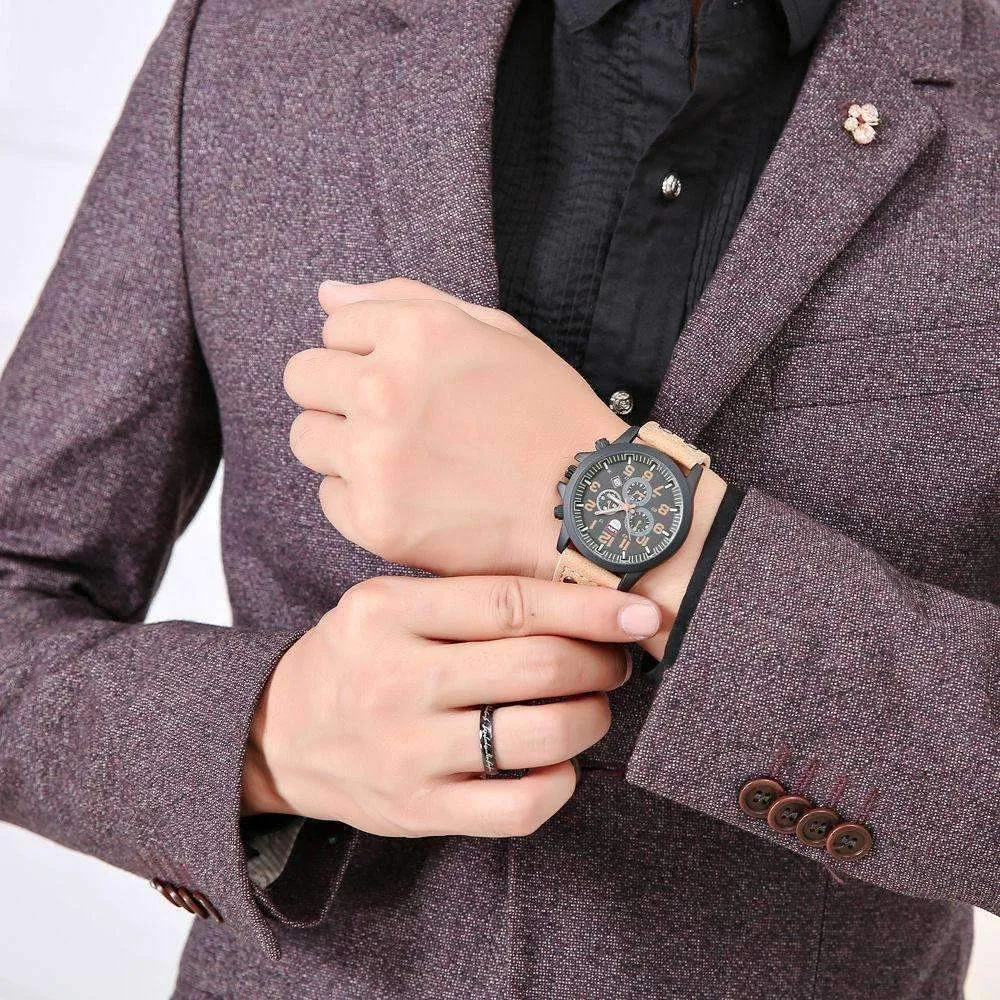 Space Black Leather Strap Military Watch