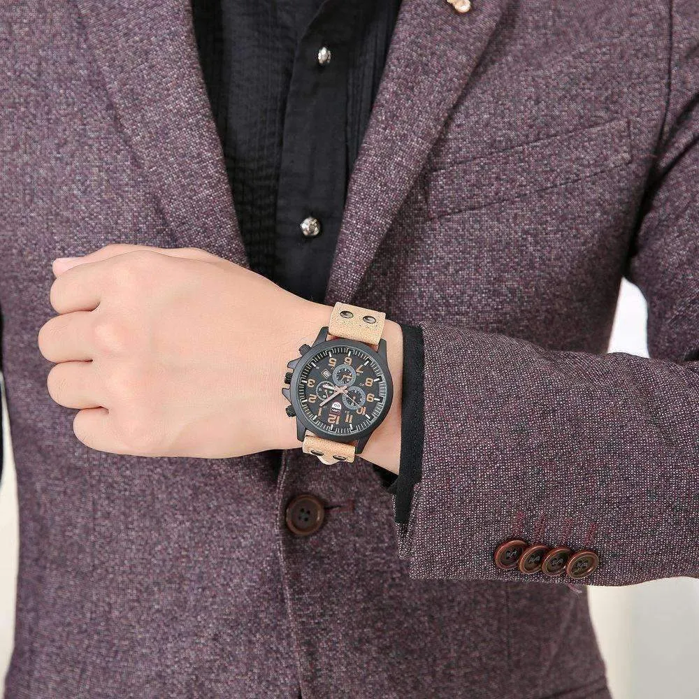 Space Black Leather Strap Military Watch