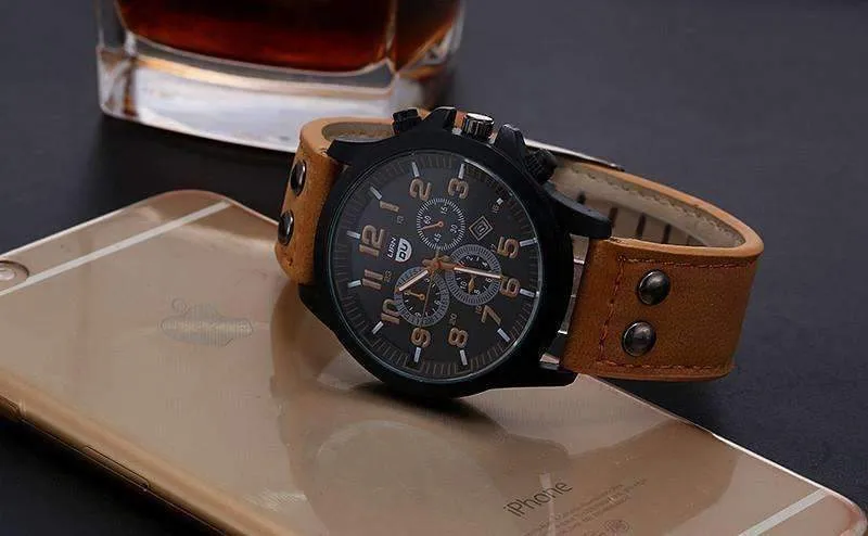 Space Black Leather Strap Military Watch