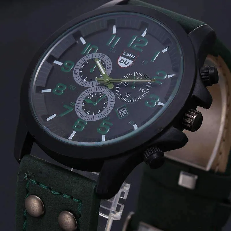 Space Black Leather Strap Military Watch