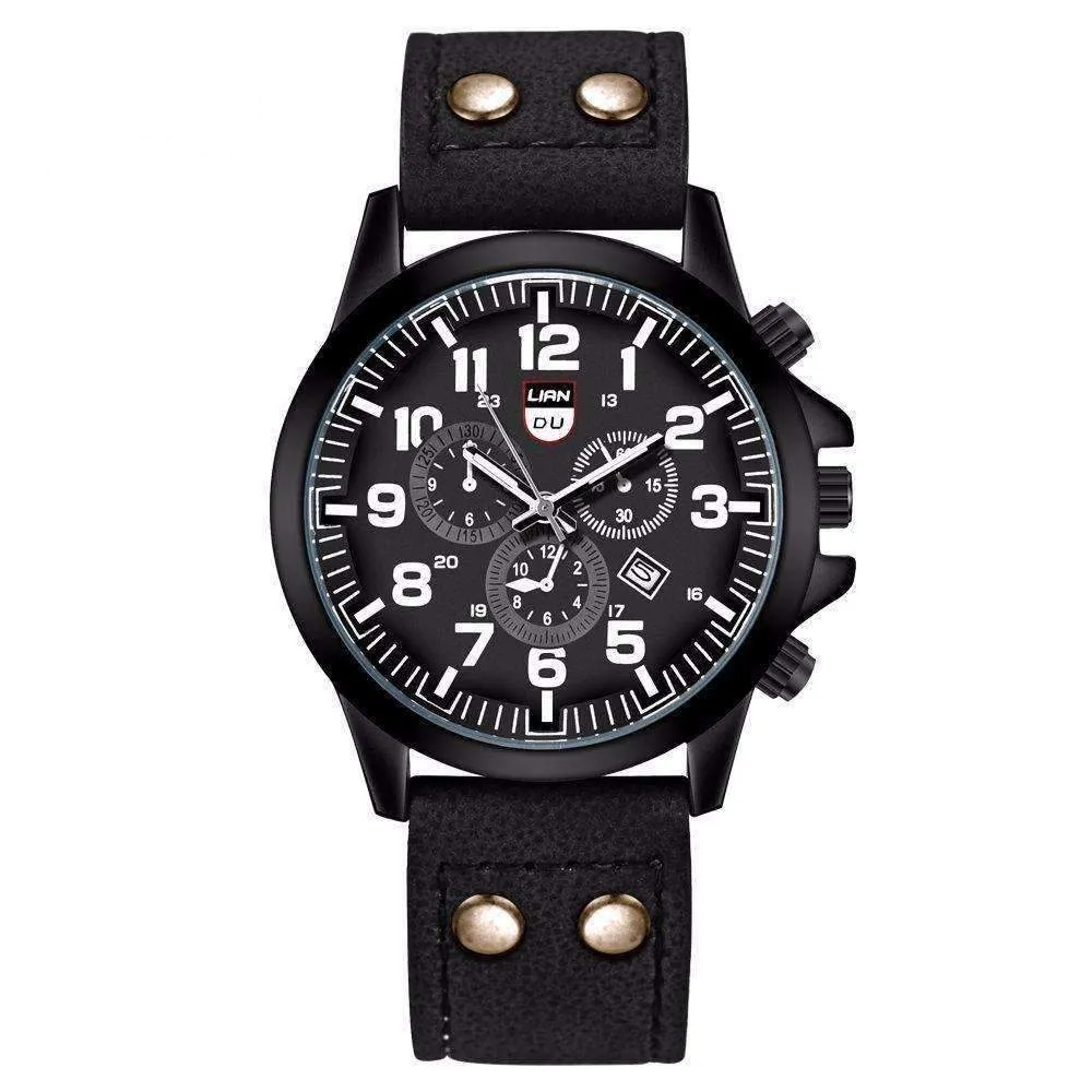 Space Black Leather Strap Military Watch