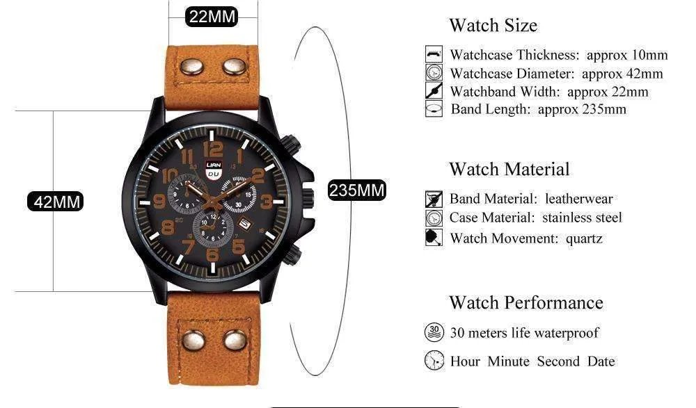 Space Black Leather Strap Military Watch