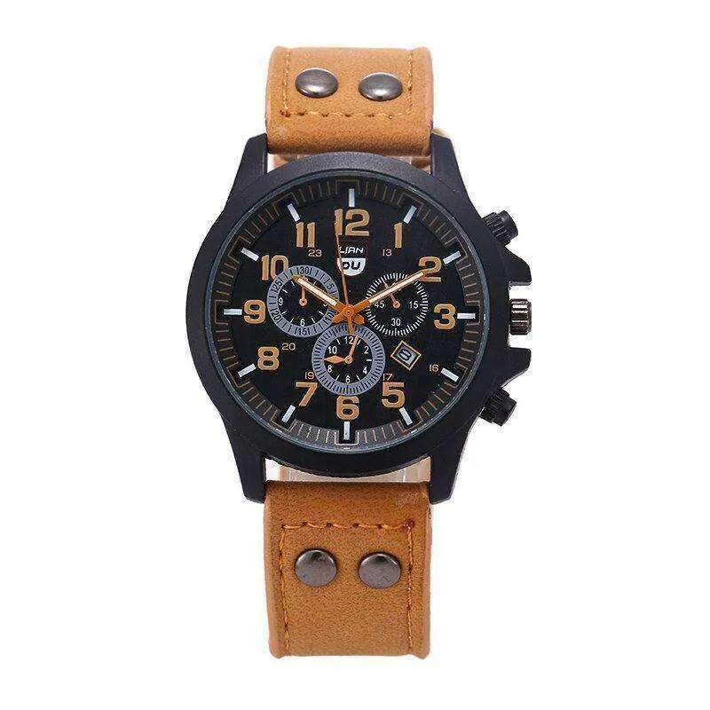 Space Black Leather Strap Military Watch