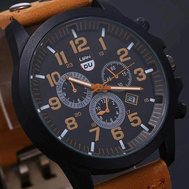 Space Black Leather Strap Military Watch