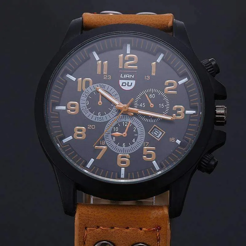 Space Black Leather Strap Military Watch