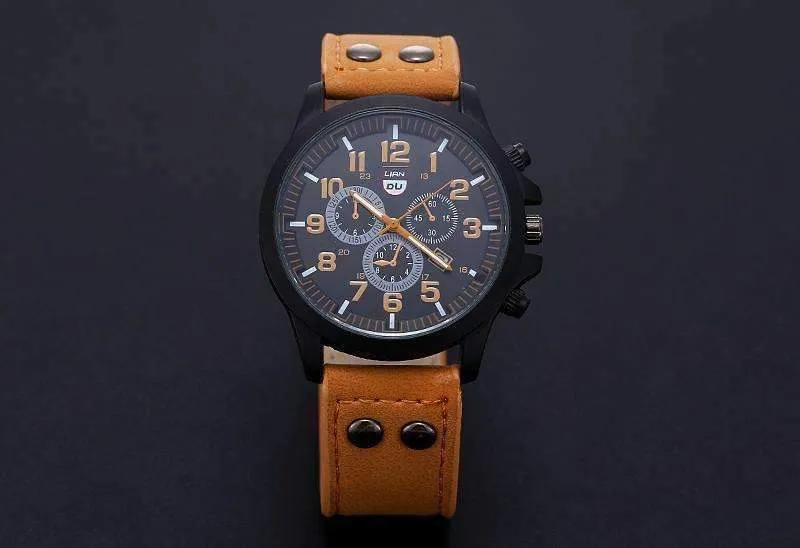 Space Black Leather Strap Military Watch
