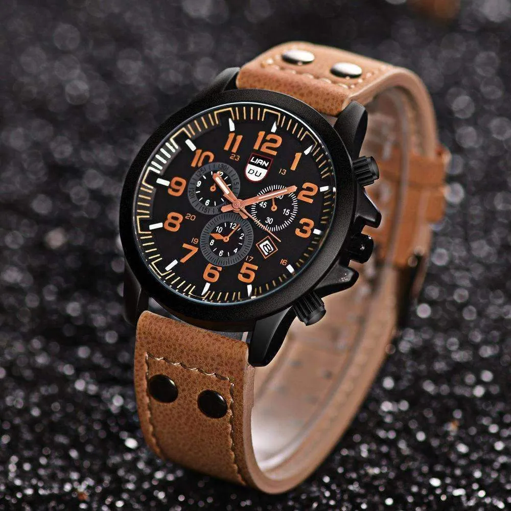 Space Black Leather Strap Military Watch