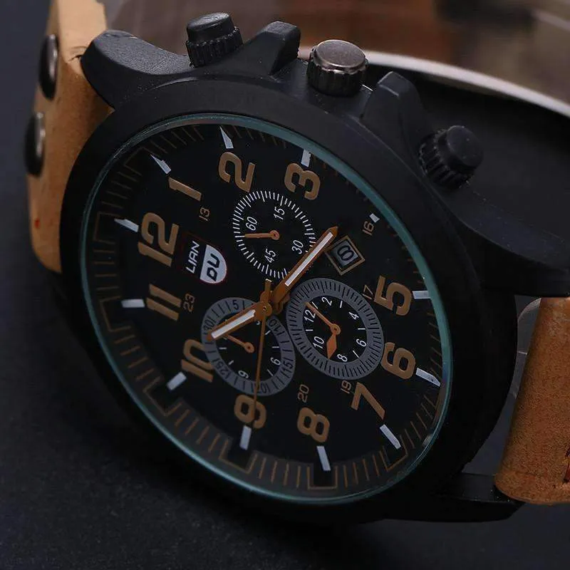 Space Black Leather Strap Military Watch