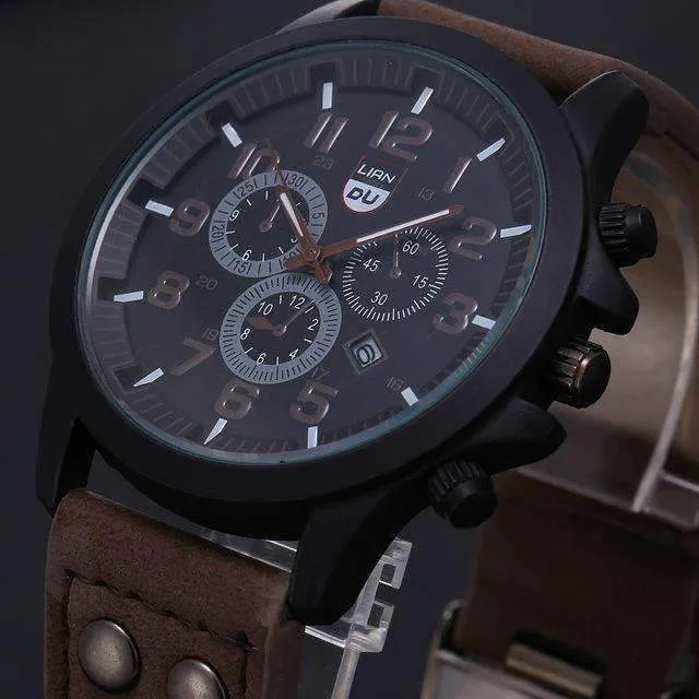 Space Black Leather Strap Military Watch