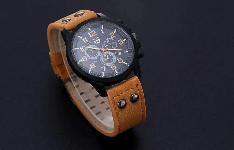 Space Black Leather Strap Military Watch