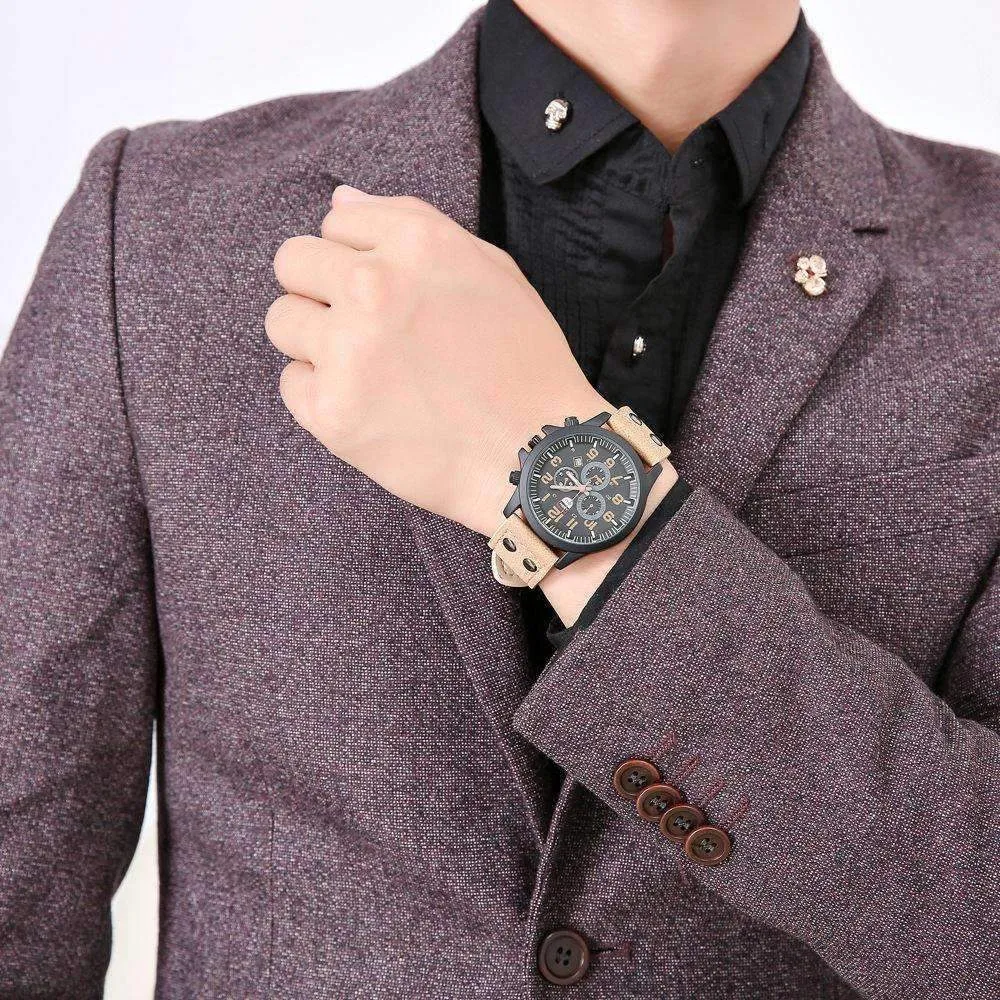 Space Black Leather Strap Military Watch
