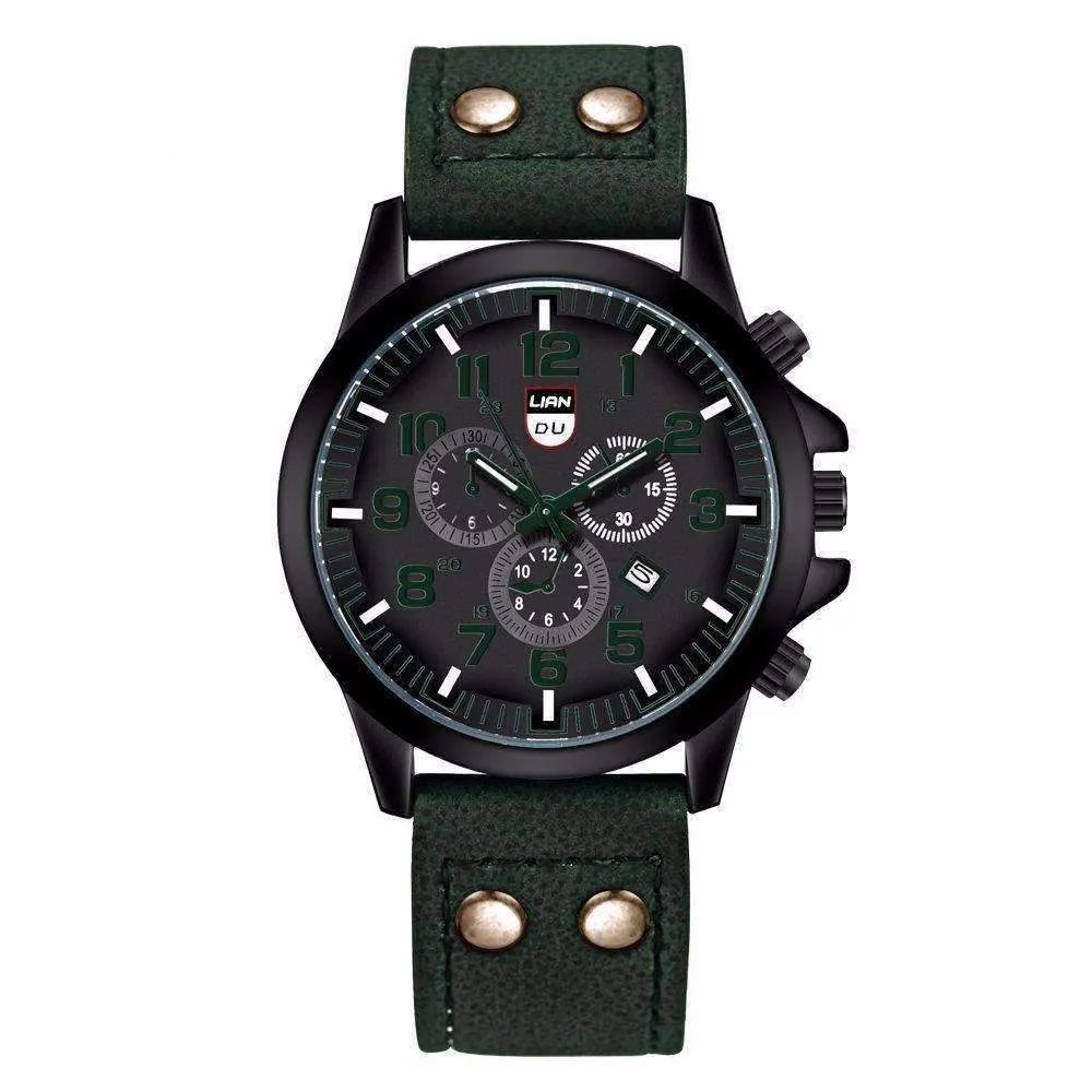 Space Black Leather Strap Military Watch