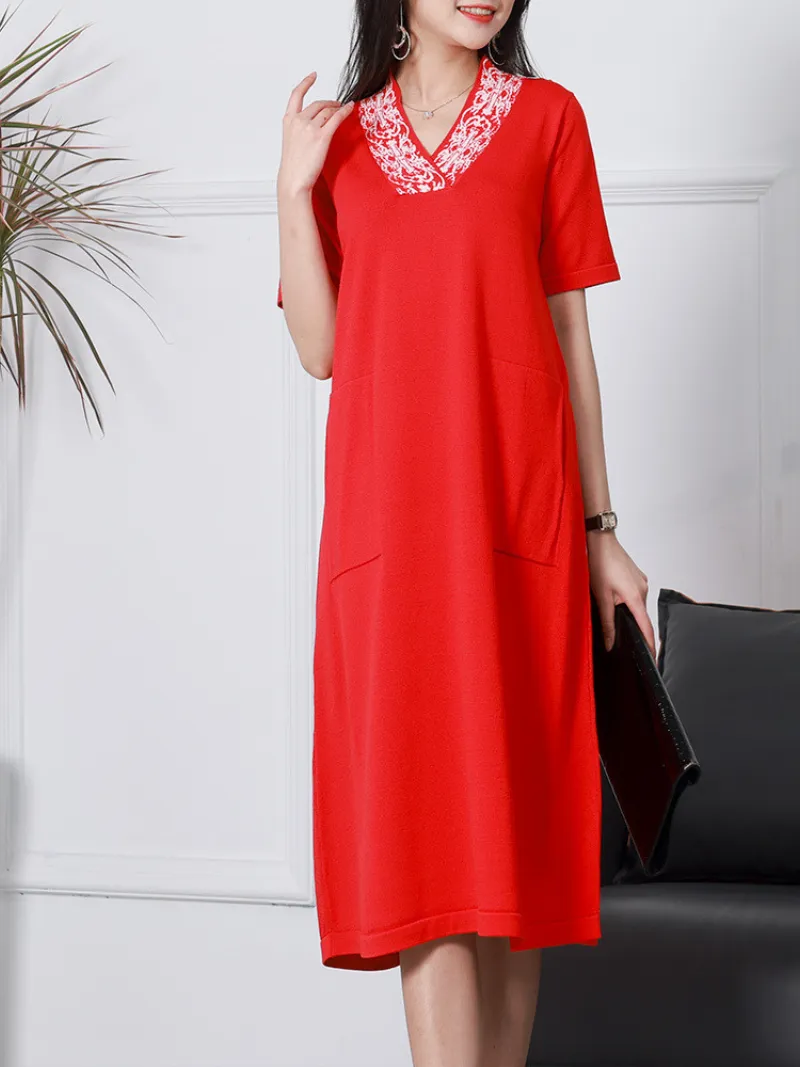 Stylish Short-sleeved V-neck Linen Knitted Midi-Dress