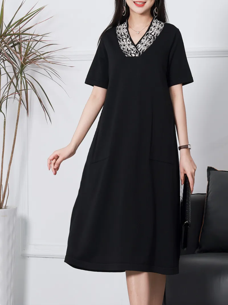 Stylish Short-sleeved V-neck Linen Knitted Midi-Dress