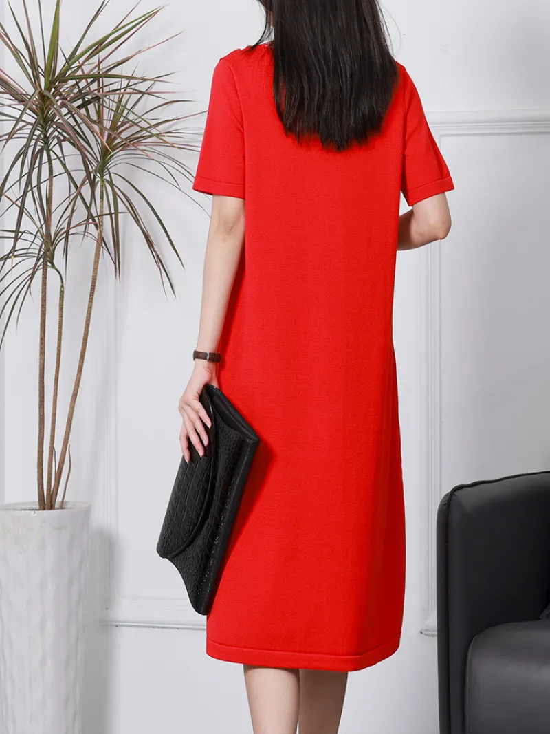 Stylish Short-sleeved V-neck Linen Knitted Midi-Dress