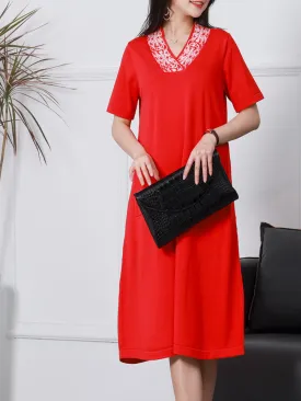 Stylish Short-sleeved V-neck Linen Knitted Midi-Dress
