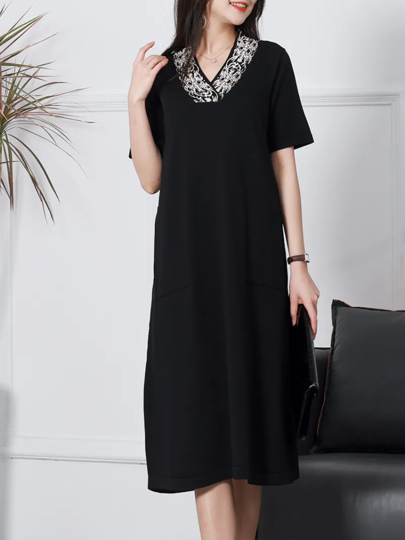 Stylish Short-sleeved V-neck Linen Knitted Midi-Dress