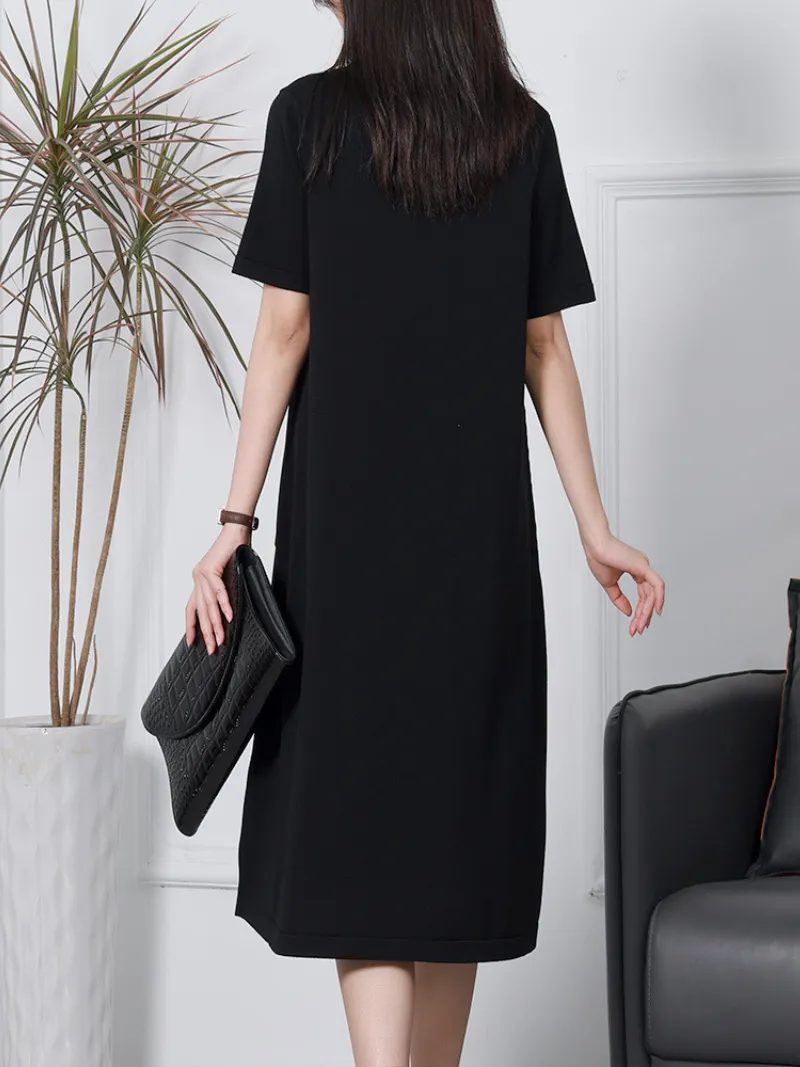 Stylish Short-sleeved V-neck Linen Knitted Midi-Dress