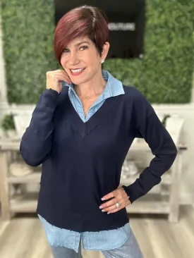 V-Neck Sweater with Poplin Shirt Collar and Hem