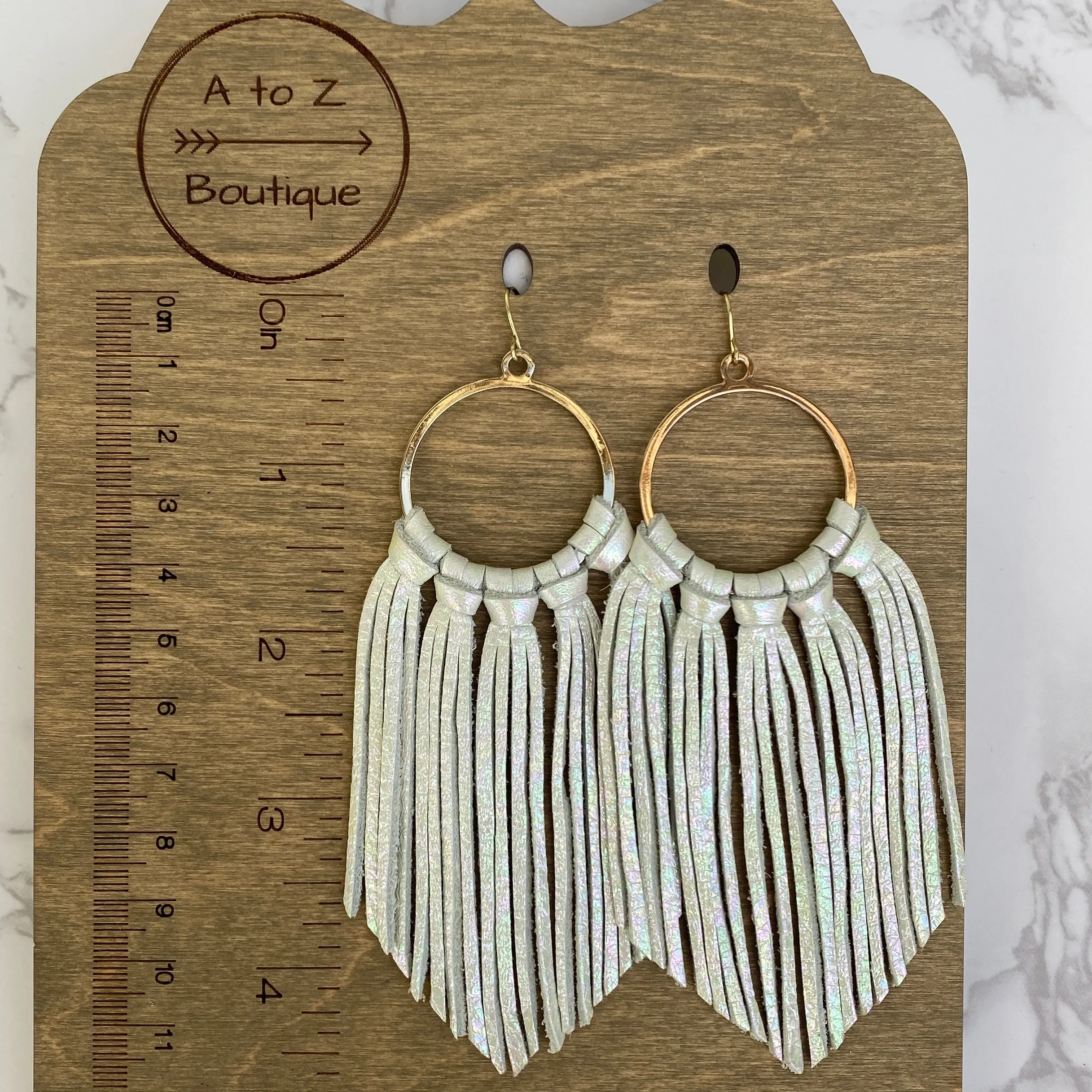 White Iridescent Leather Fringe Hoop Earrings