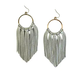 White Iridescent Leather Fringe Hoop Earrings