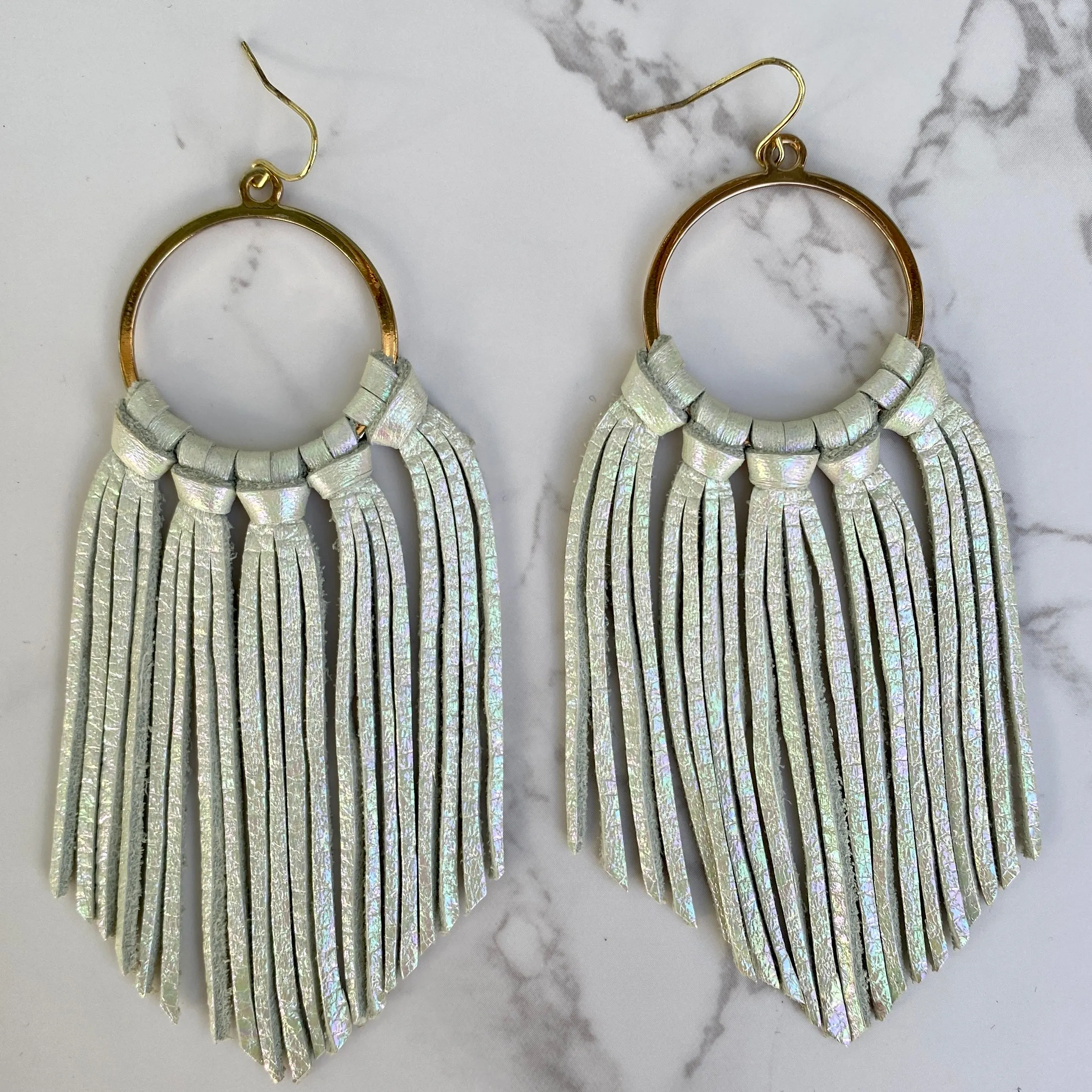 White Iridescent Leather Fringe Hoop Earrings