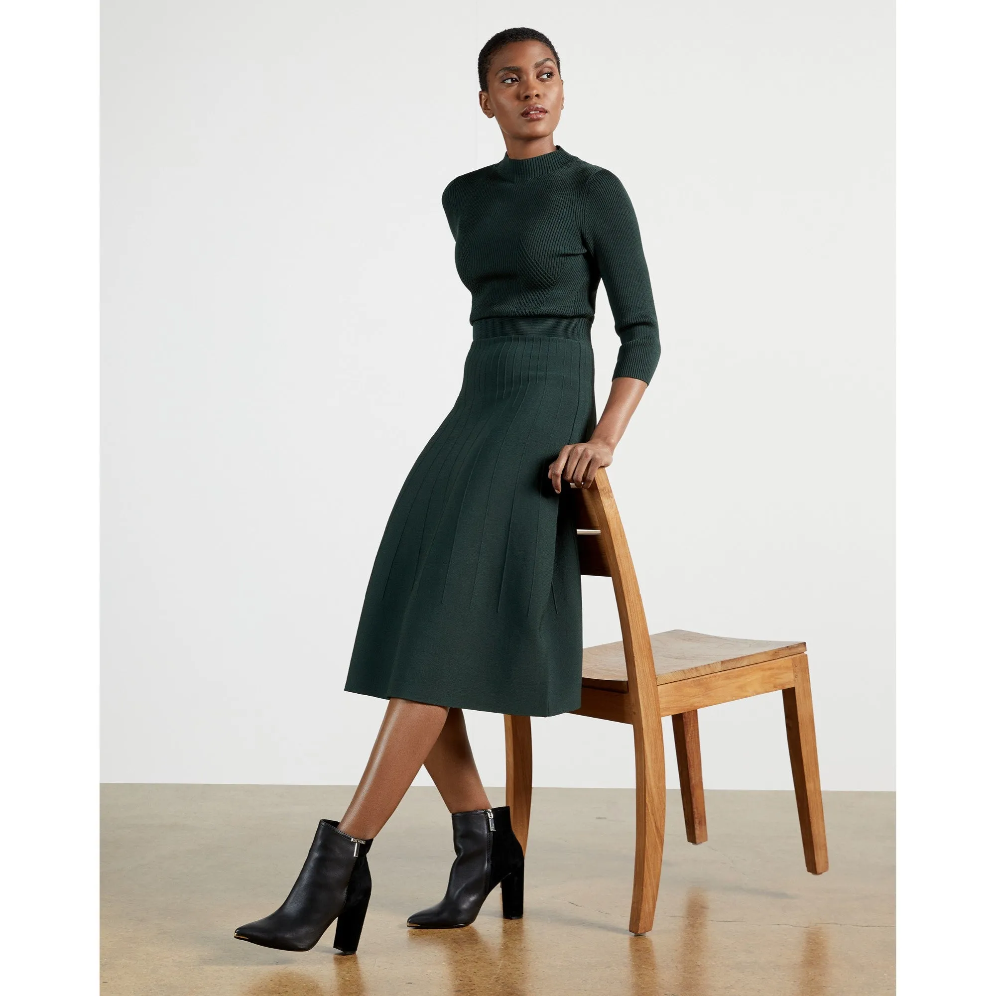 Women Franeyy-High Neck Knitted Midi Dress - Dark-Green