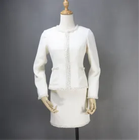 Women's Designer Inspired Custom Made Golden Sparkle Trim Tweed Skirt Suit White