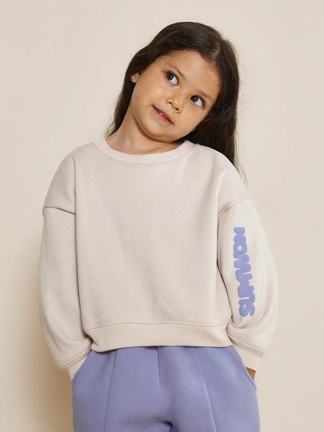 Young Girls Everyday Comfort Crew Neck Sweatshirt And 90's Sweatpants With Puff Graphic Print 2 Piece Set